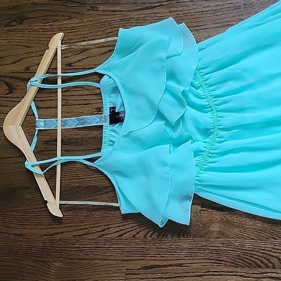 Blue Maxi Sheer Ruffled Embroidered Racerback Straps Flowy Babydoll Halter Dress - Picture 3 of 16